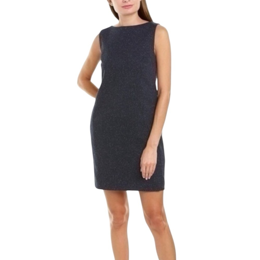 Theory Navy Slub Knit Tweed Wool Blend Sleeveless Button Back Shift Dress Corp